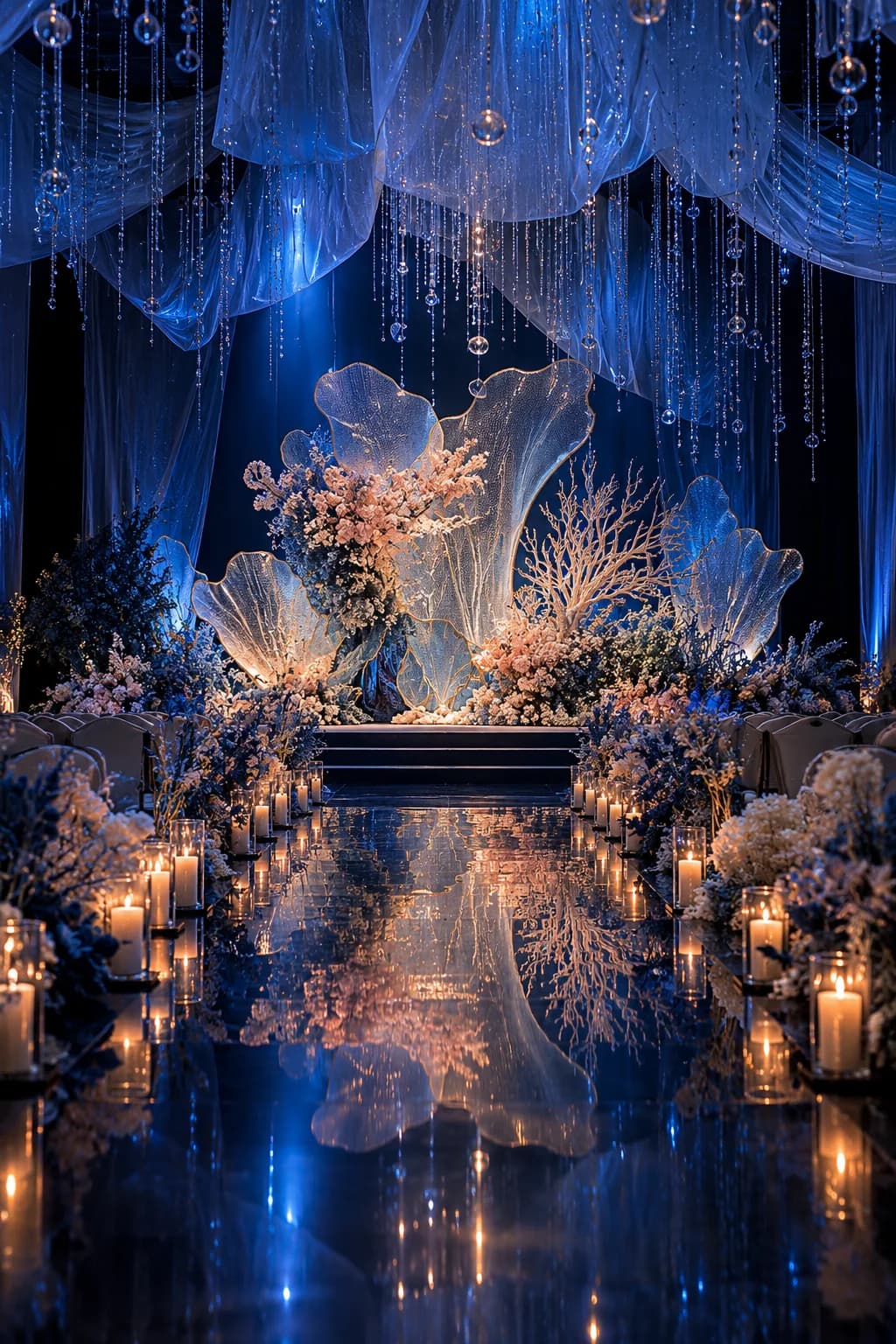 A blue-lit wedding ceremony aisle with warm candlelight