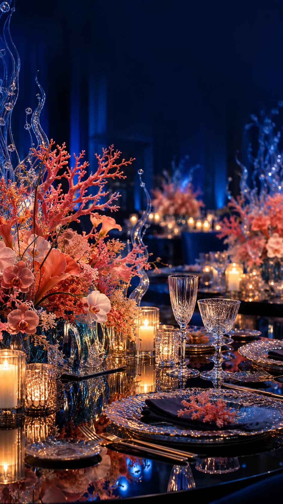 Coral-colored flowers and candles on a mirrored reception table