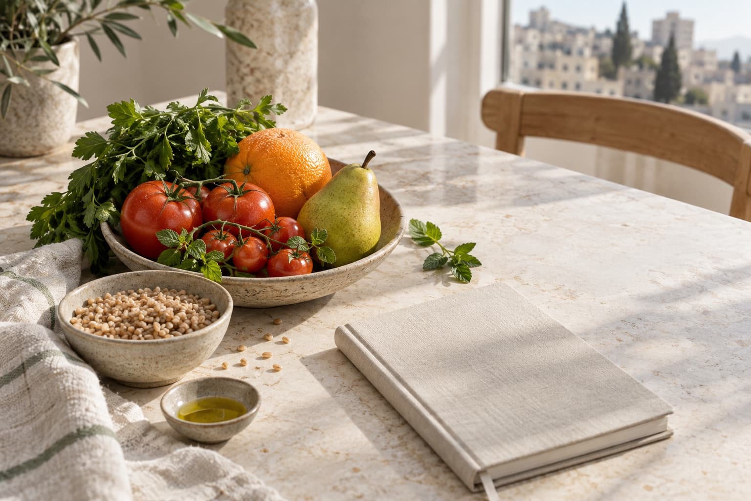 Seasonal produce and a notebook on a limestone table